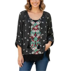 Style & Co. Boho Floral Striped Crochet Hem Tassel 3/4 Sleeve Blouse XL Black